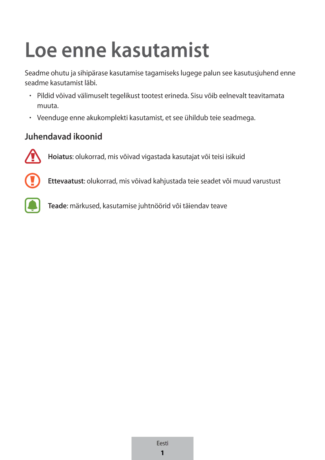 Samsung EB-PG950CSRGRU, EB-PG950CNEGWW, EB-PG950CSEGWW, EB-PG950CNRGRU manual Loe enne kasutamist, Juhendavad ikoonid 