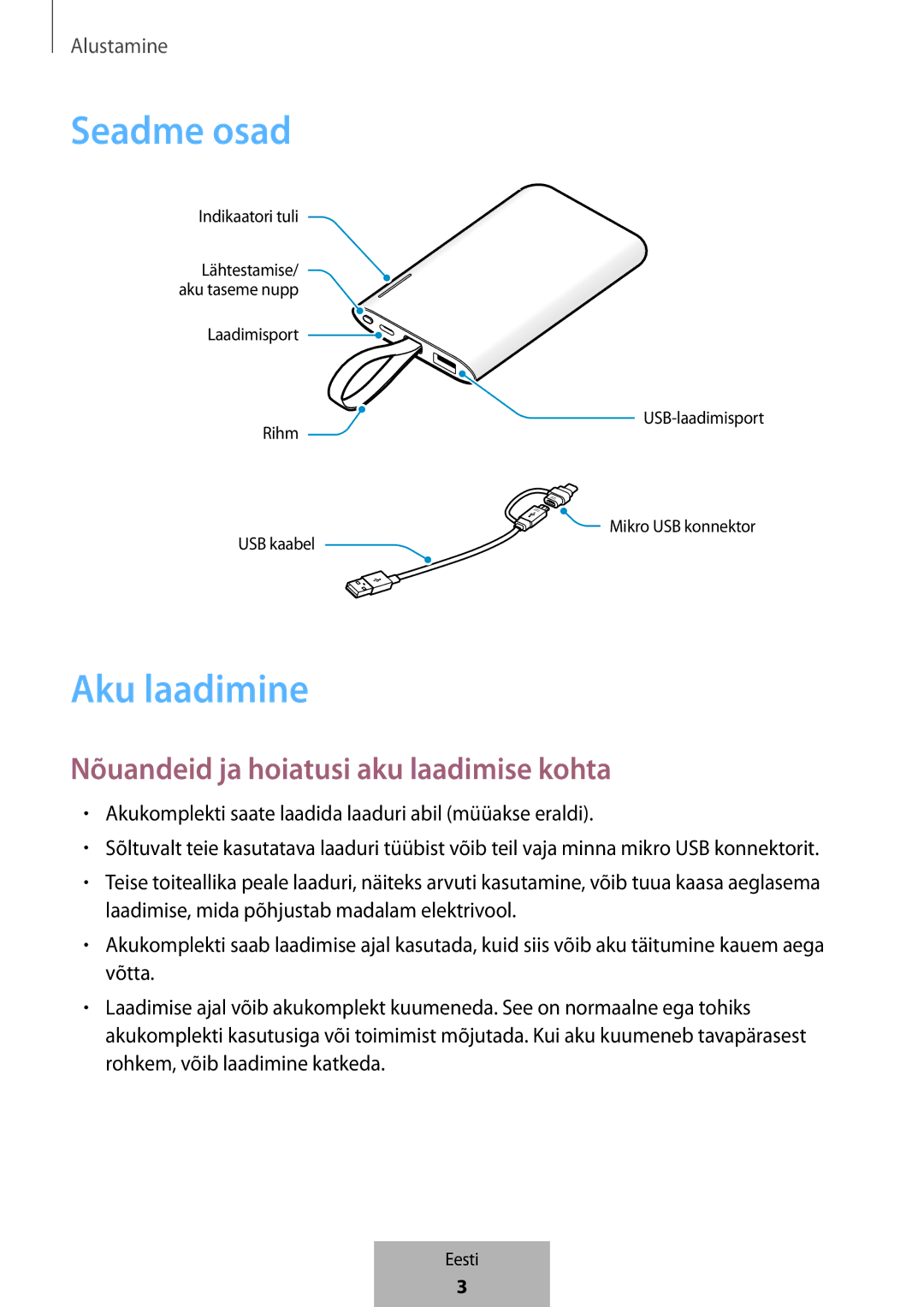 Samsung EB-PG950CSEGWW, EB-PG950CNEGWW, EB-PG950CNRGRU, EB-PG950CSRGRU manual Seadme osad 