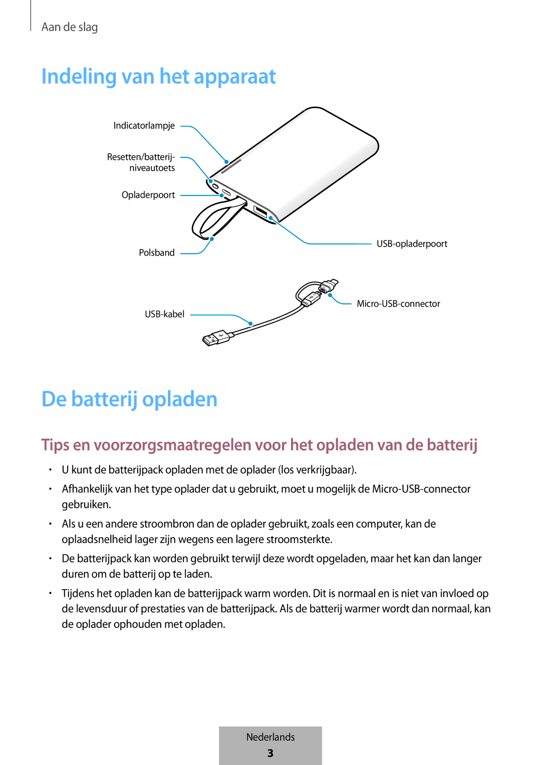 Samsung EB-PG950CSEGWW, EB-PG950CNEGWW, EB-PG950CNRGRU, EB-PG950CSRGRU manual Indeling van het apparaat, De batterij opladen 