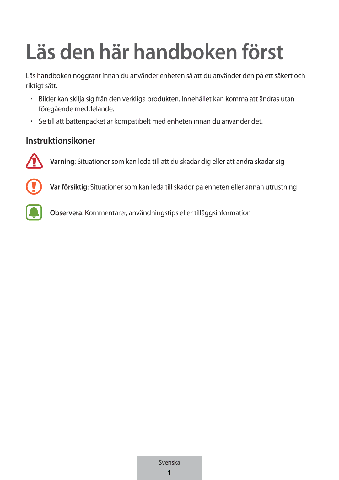 Samsung EB-PG950CSRGRU, EB-PG950CNEGWW, EB-PG950CSEGWW, EB-PG950CNRGRU manual Läs den här handboken först, Instruktionsikoner 