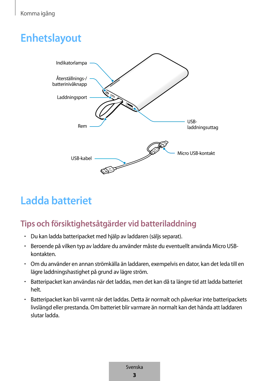 Samsung EB-PG950CSEGWW, EB-PG950CNEGWW Enhetslayout, Ladda batteriet, Tips och försiktighetsåtgärder vid batteriladdning 