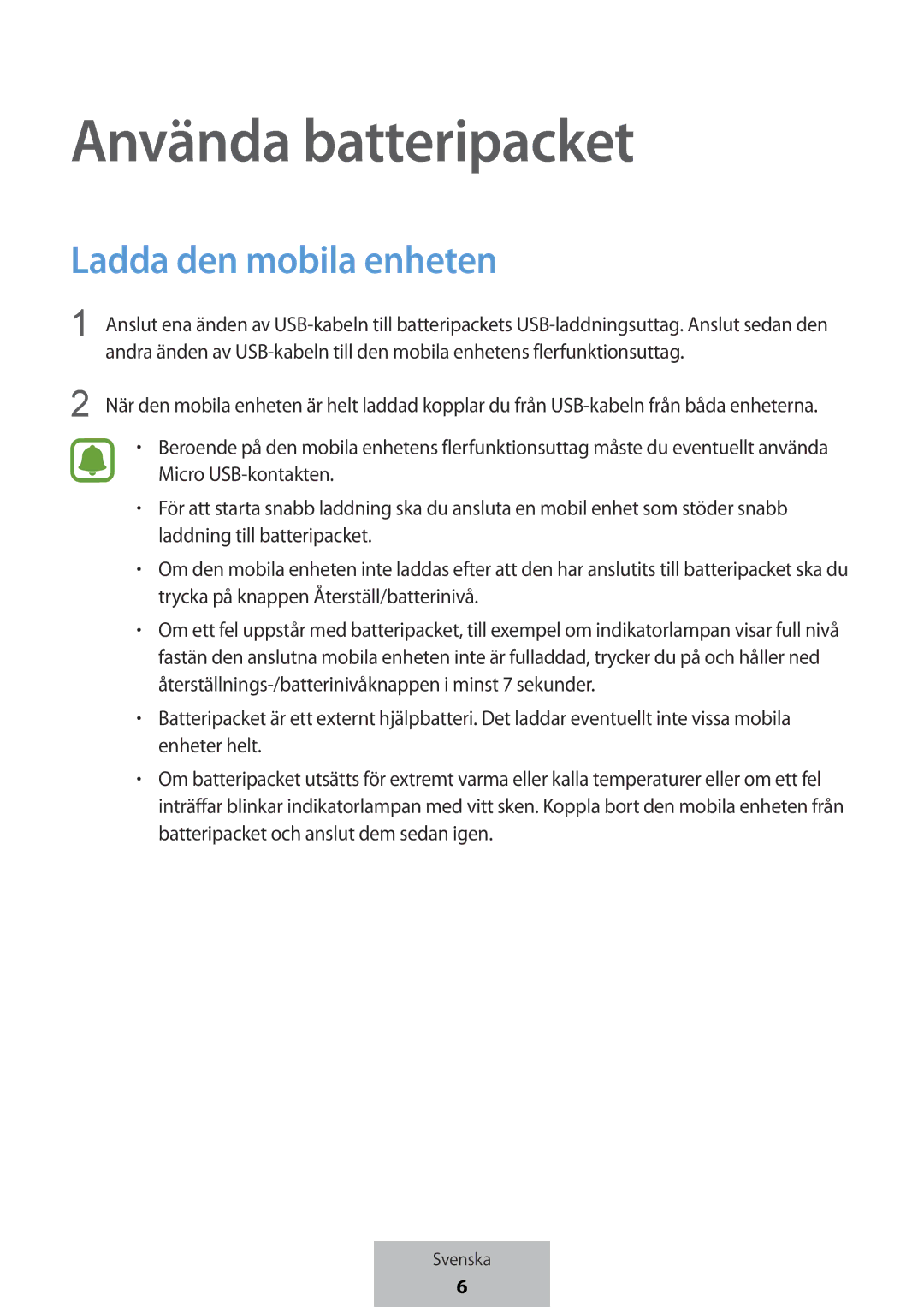 Samsung EB-PG950CNEGWW, EB-PG950CSEGWW, EB-PG950CNRGRU, EB-PG950CSRGRU manual Använda batteripacket, Ladda den mobila enheten 