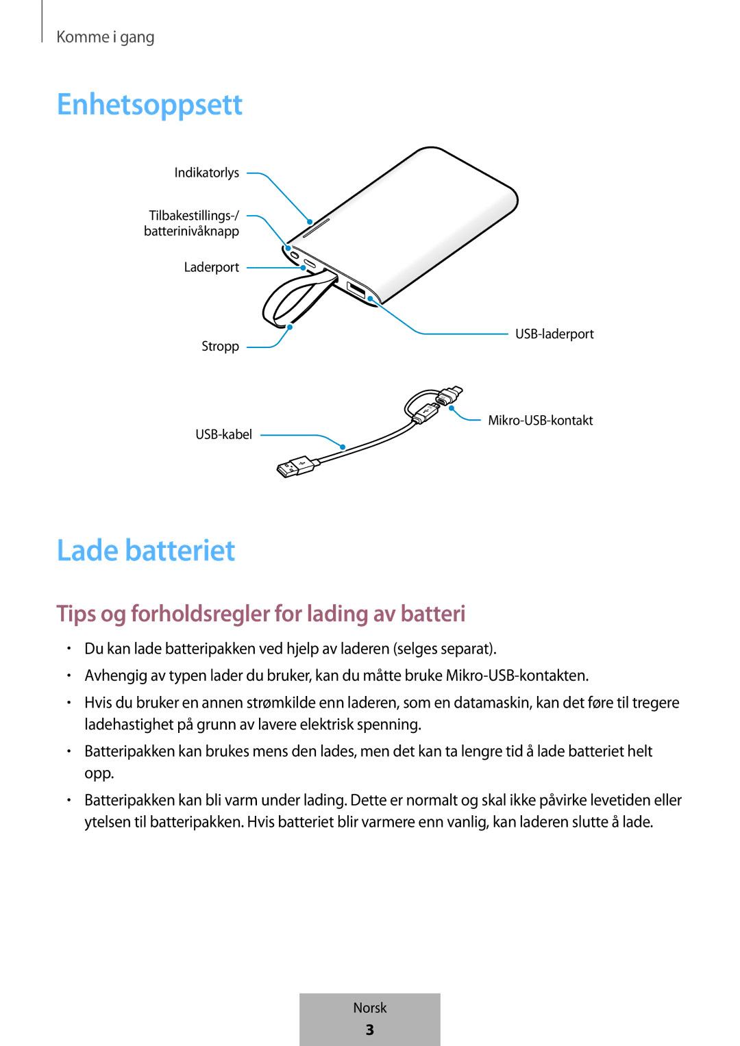 Samsung EB-PG950CSEGWW, EB-PG950CNEGWW manual Enhetsoppsett, Lade batteriet, Tips og forholdsregler for lading av batteri 