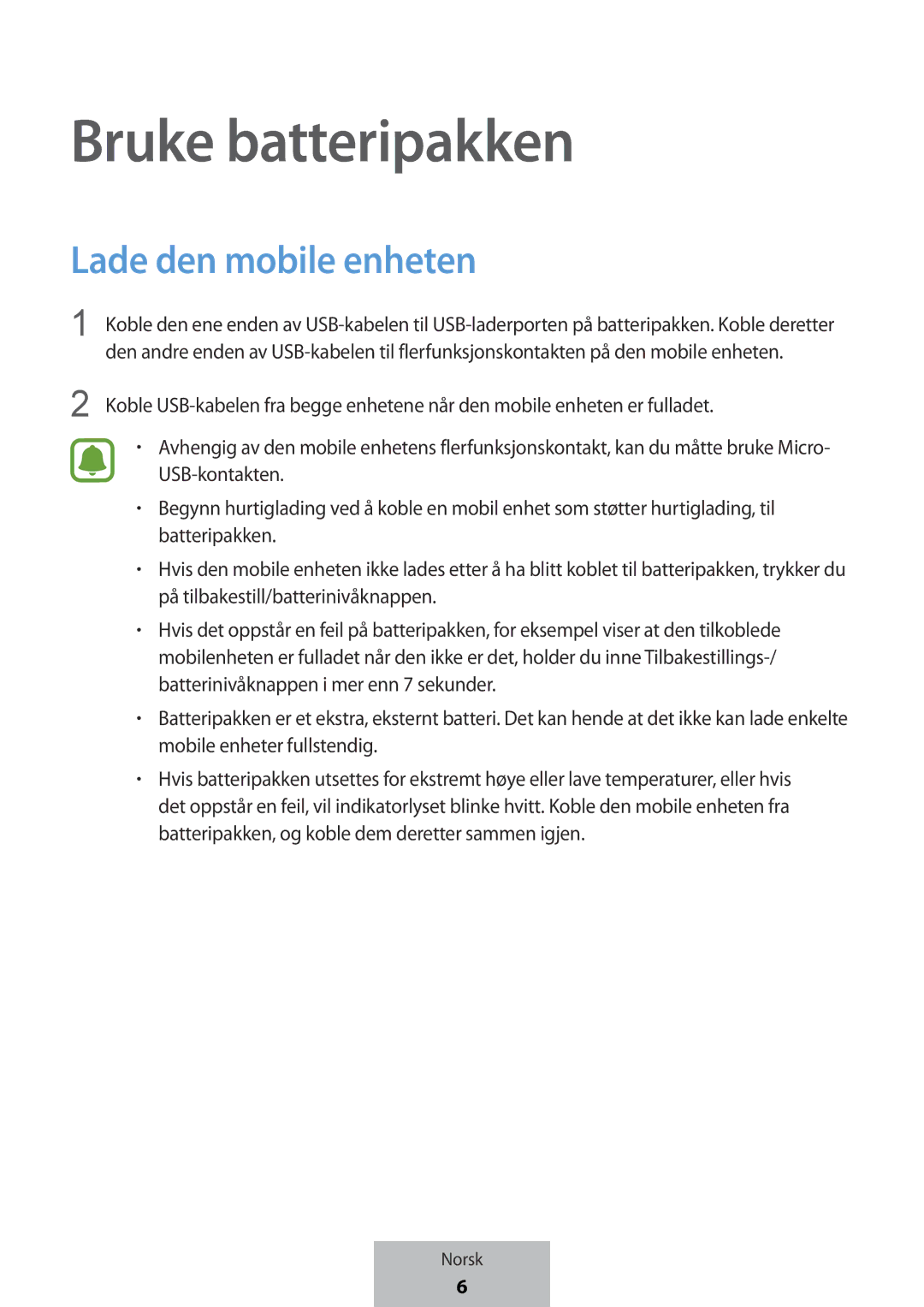 Samsung EB-PG950CNEGWW, EB-PG950CSEGWW, EB-PG950CNRGRU, EB-PG950CSRGRU manual Bruke batteripakken, Lade den mobile enheten 