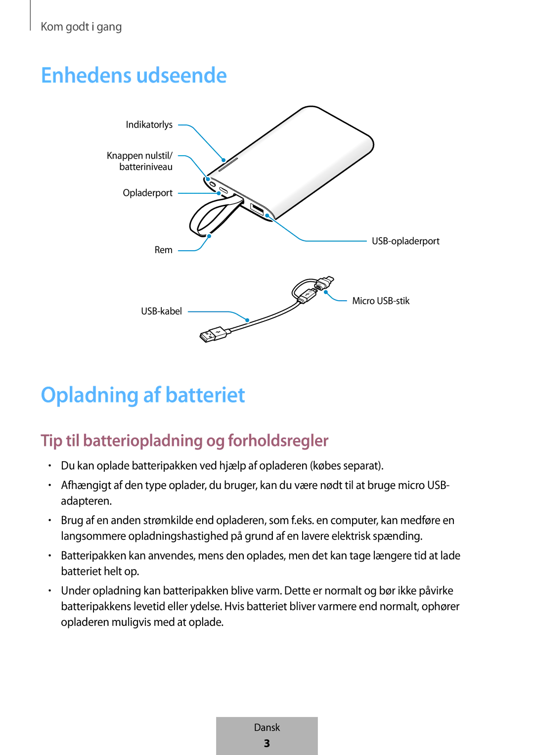 Samsung EB-PG950CSEGWW manual Enhedens udseende, Opladning af batteriet, Tip til batteriopladning og forholdsregler 