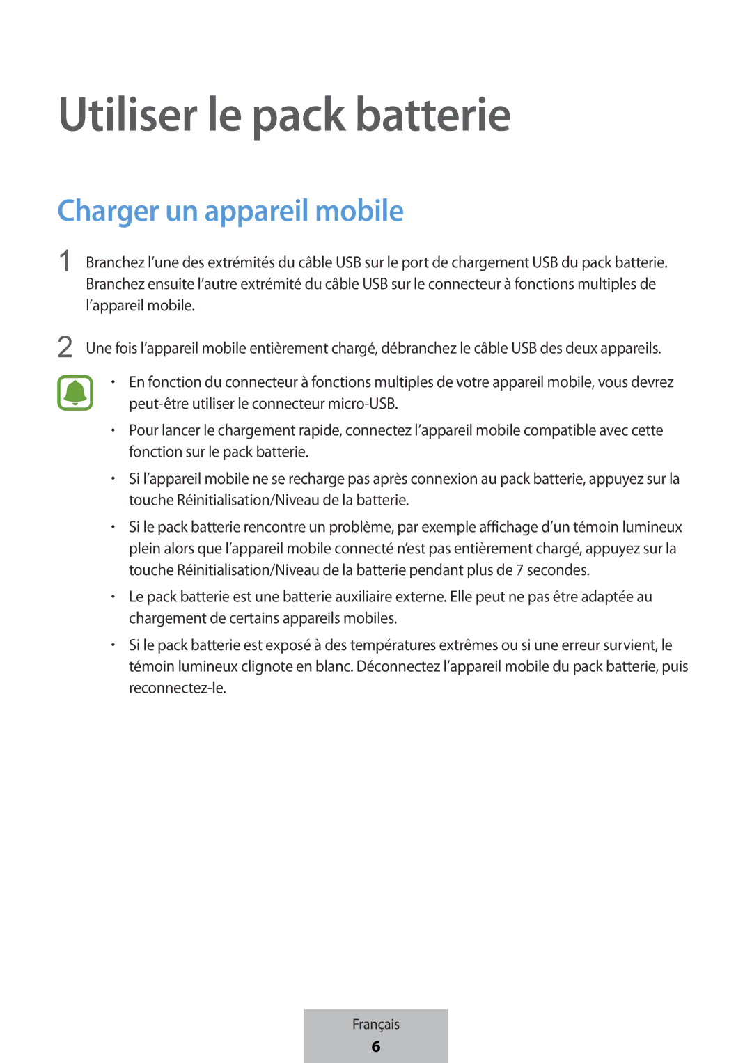 Samsung EB-PG950CNEGWW, EB-PG950CSEGWW, EB-PG950CNRGRU, EB-PG950CSRGRU Utiliser le pack batterie, Charger un appareil mobile 