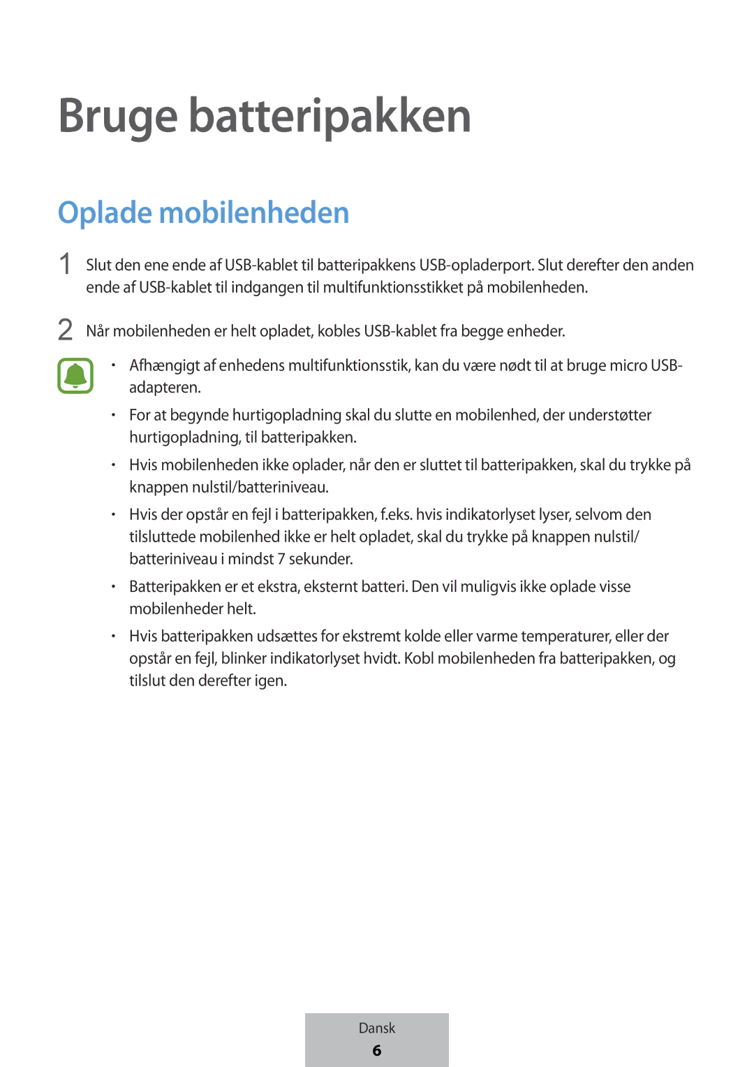 Samsung EB-PG950CNEGWW, EB-PG950CSEGWW, EB-PG950CNRGRU, EB-PG950CSRGRU manual Bruge batteripakken, Oplade mobilenheden 