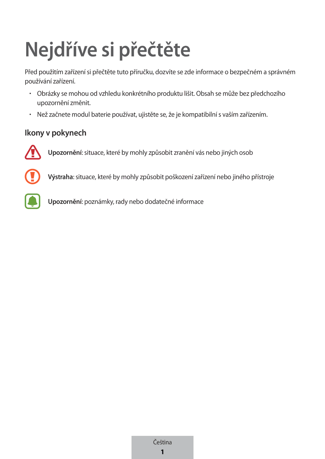 Samsung EB-PG950CSRGRU, EB-PG950CNEGWW, EB-PG950CSEGWW, EB-PG950CNRGRU manual Nejdříve si přečtěte, Ikony v pokynech 