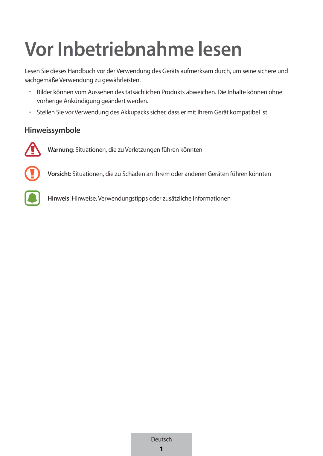 Samsung EB-PG950CSRGRU, EB-PG950CNEGWW, EB-PG950CSEGWW, EB-PG950CNRGRU manual Vor Inbetriebnahme lesen, Hinweissymbole 