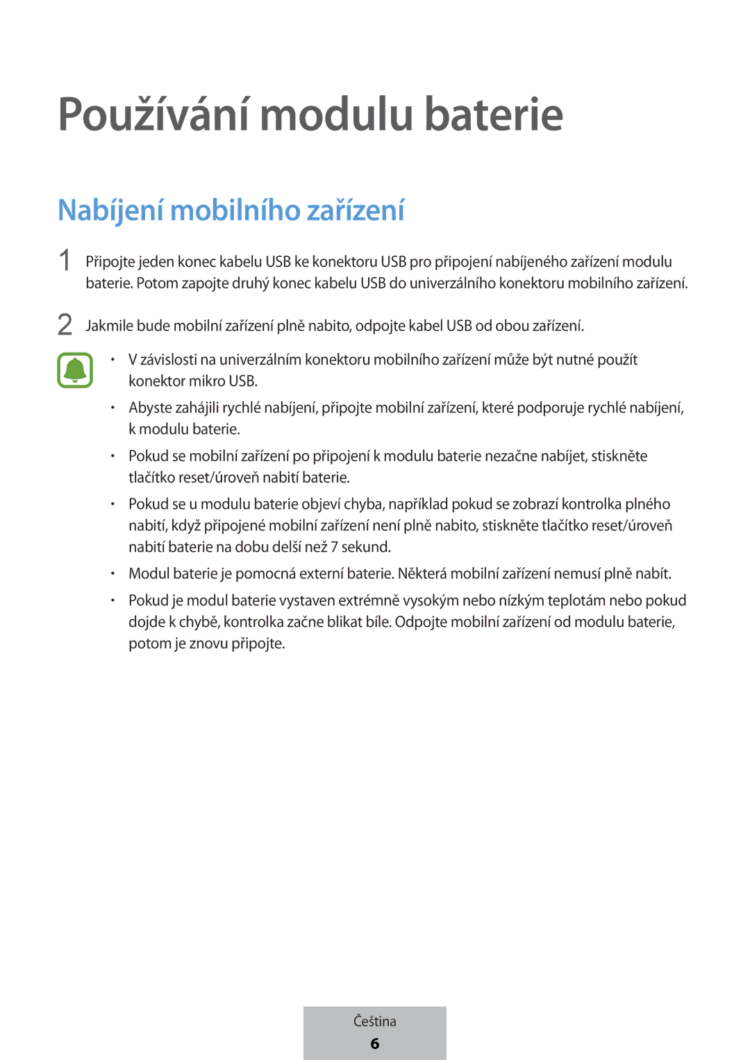 Samsung EB-PG950CNEGWW, EB-PG950CSEGWW, EB-PG950CNRGRU, EB-PG950CSRGRU Používání modulu baterie, Nabíjení mobilního zařízení 