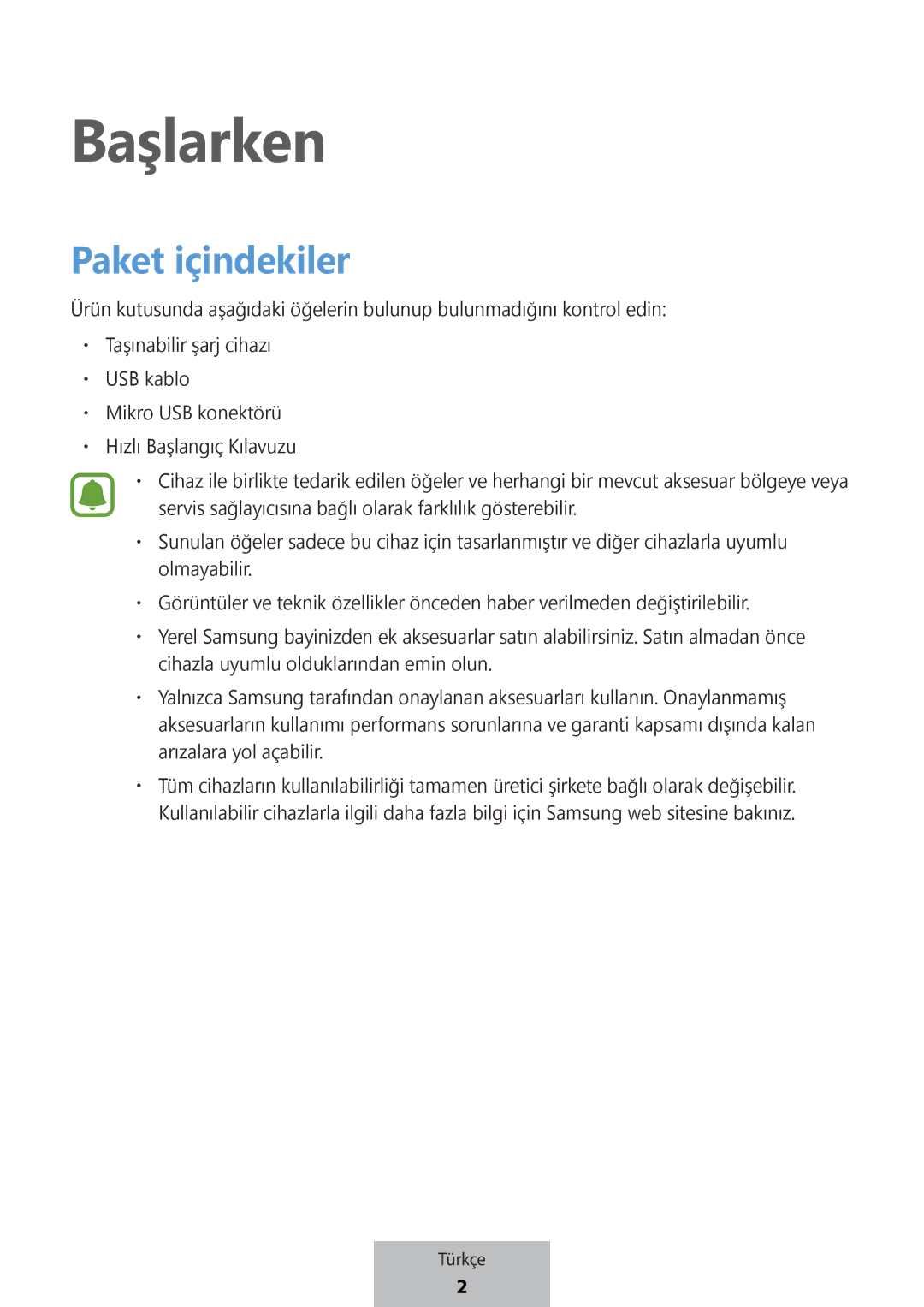 Samsung EB-PG950CNEGWW, EB-PG950CSEGWW, EB-PG950CNRGRU, EB-PG950CSRGRU manual Başlarken 