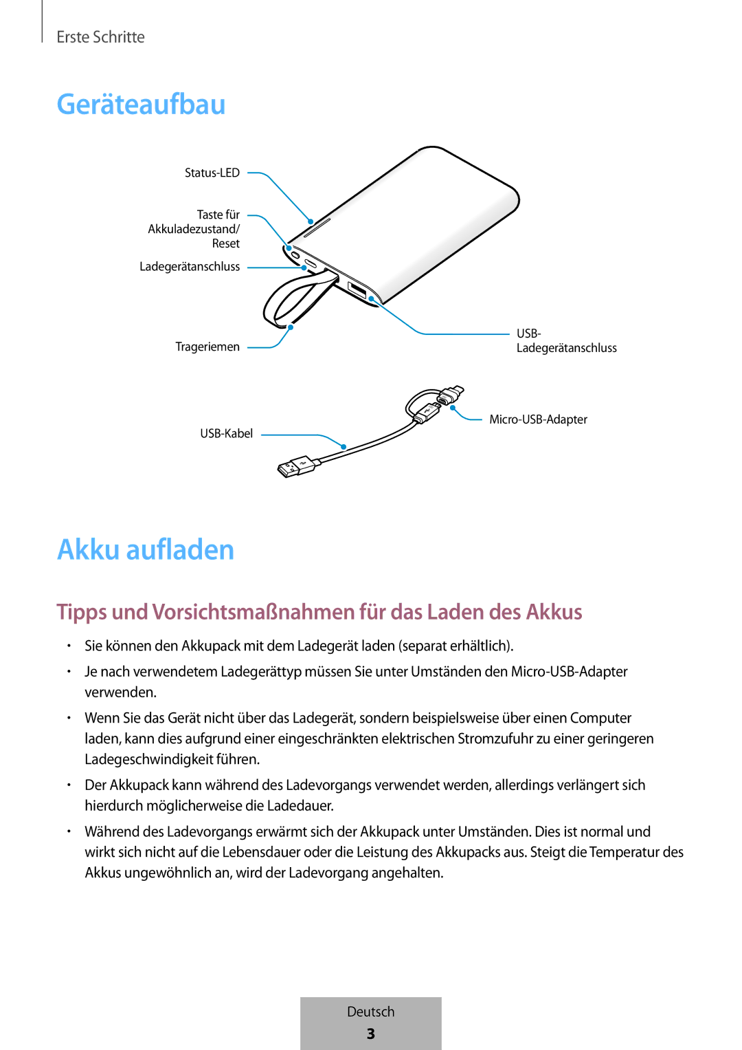 Samsung EB-PG950CSEGWW, EB-PG950CNEGWW Geräteaufbau, Akku aufladen, Tipps und Vorsichtsmaßnahmen für das Laden des Akkus 