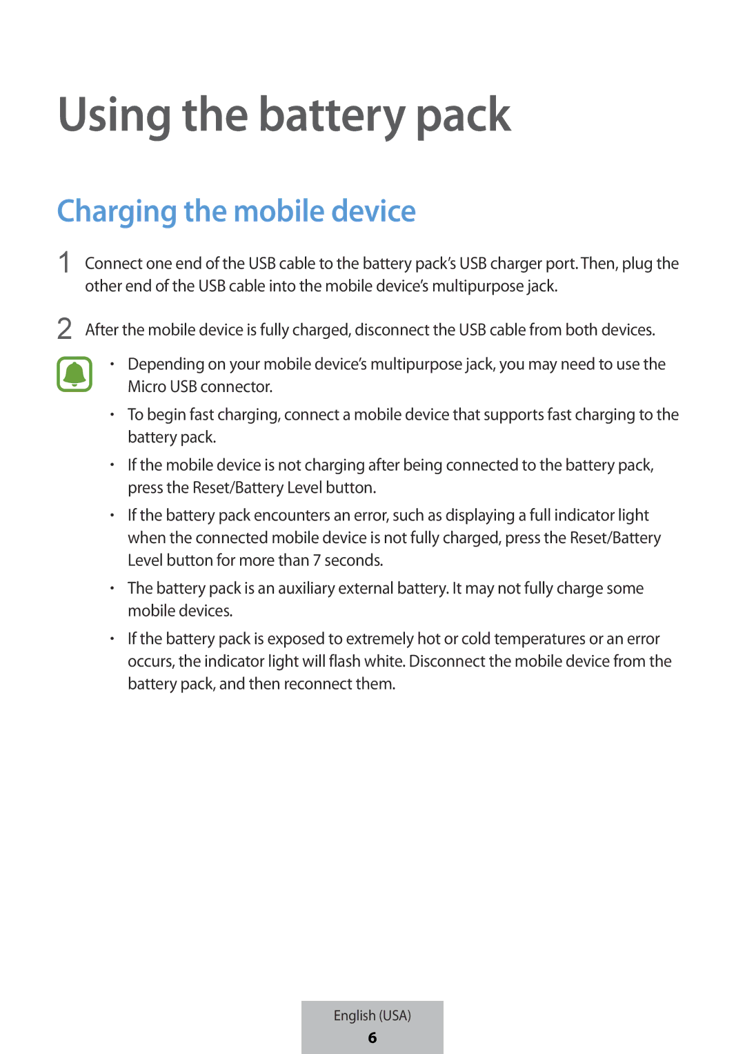 Samsung EB-PG950CSEGWW, EB-PG950CNEGWW, EB-PG950CNRGRU, EB-PG950CSRGRU manual Using the battery pack 