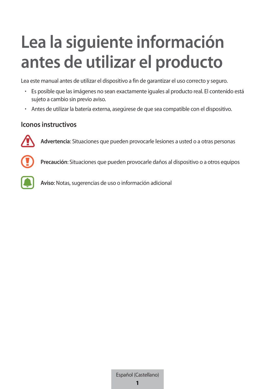 Samsung EB-PG950CNEGWW, EB-PG950CSEGWW, EB-PG950CNRGRU manual Lea la siguiente información antes de utilizar el producto 