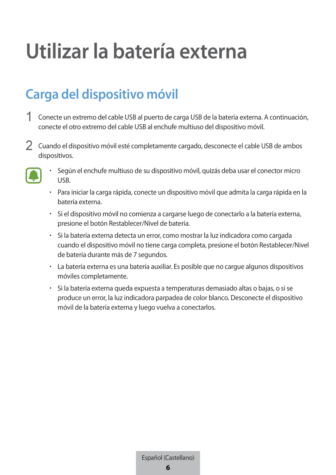 Samsung EB-PG950CSEGWW, EB-PG950CNEGWW, EB-PG950CNRGRU manual Utilizar la batería externa, Carga del dispositivo móvil 