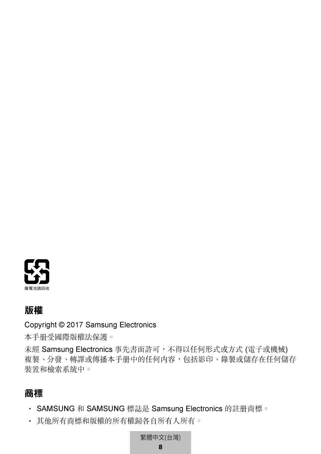 Samsung EB-PG950CSRGRU, EB-PG950CNEGWW, EB-PG950CSEGWW, EB-PG950CNRGRU manual 其他所有商標和版權的所有權歸各自所有人所有。 