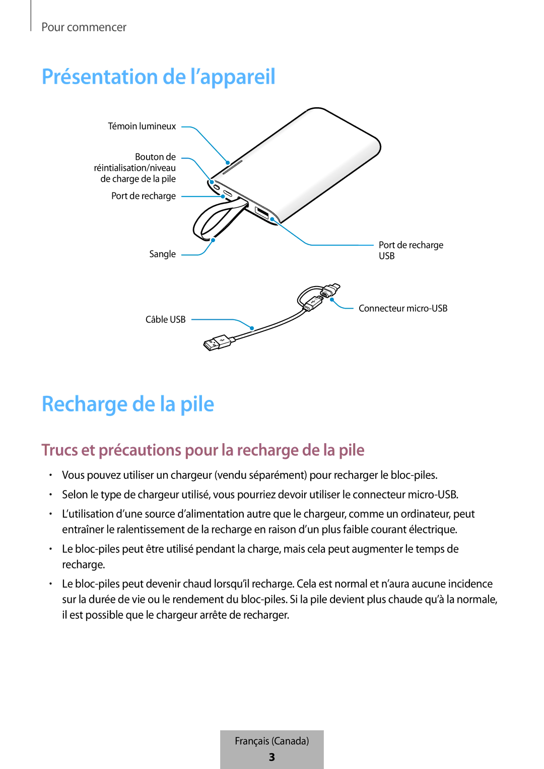 Samsung EB-PG950CNRGRU, EB-PG950CNEGWW manual Recharge de la pile, Trucs et précautions pour la recharge de la pile 