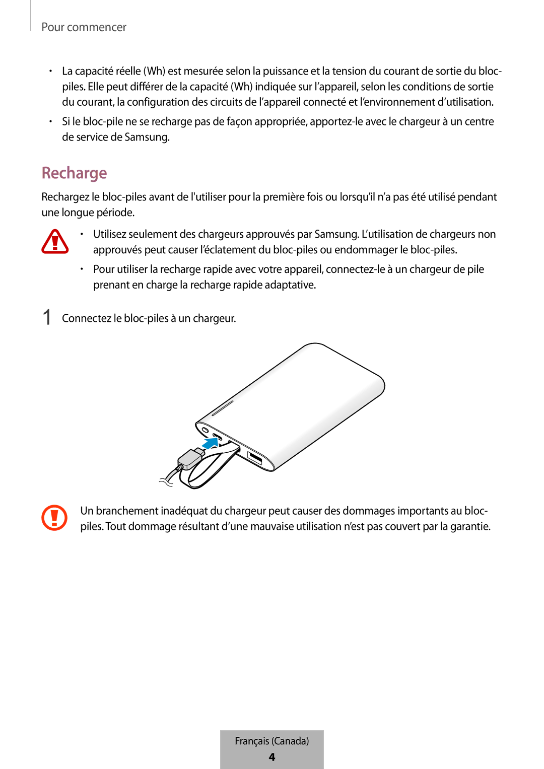 Samsung EB-PG950CSRGRU, EB-PG950CNEGWW, EB-PG950CSEGWW, EB-PG950CNRGRU manual Recharge, Connectez le bloc-piles à un chargeur 