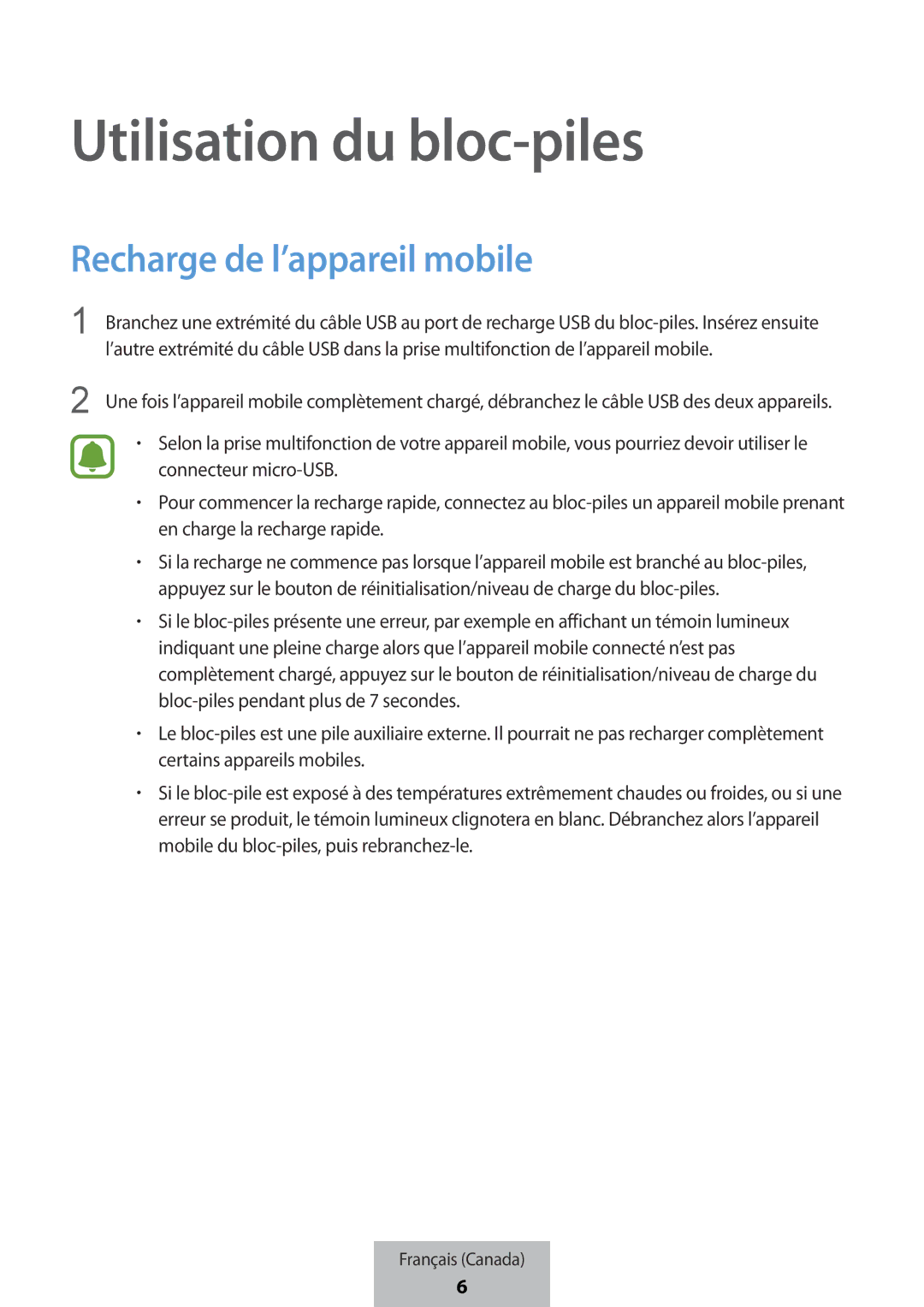 Samsung EB-PG950CSEGWW, EB-PG950CNEGWW, EB-PG950CNRGRU manual Utilisation du bloc-piles, Recharge de l’appareil mobile 