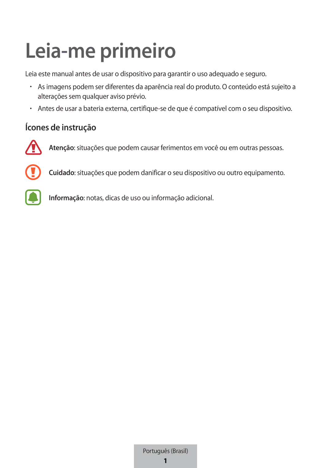 Samsung EB-PG950CNEGWW, EB-PG950CSEGWW, EB-PG950CNRGRU, EB-PG950CSRGRU manual Leia-me primeiro, Ícones de instrução 