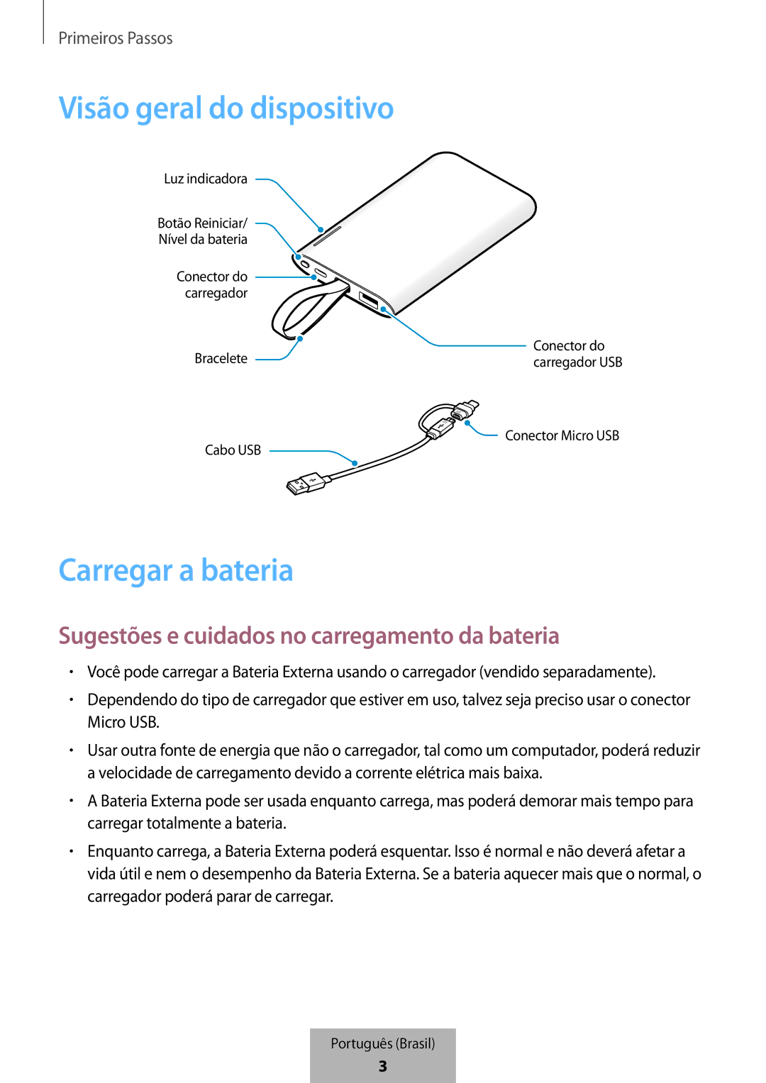 Samsung EB-PG950CNRGRU, EB-PG950CNEGWW manual Visão geral do dispositivo, Sugestões e cuidados no carregamento da bateria 