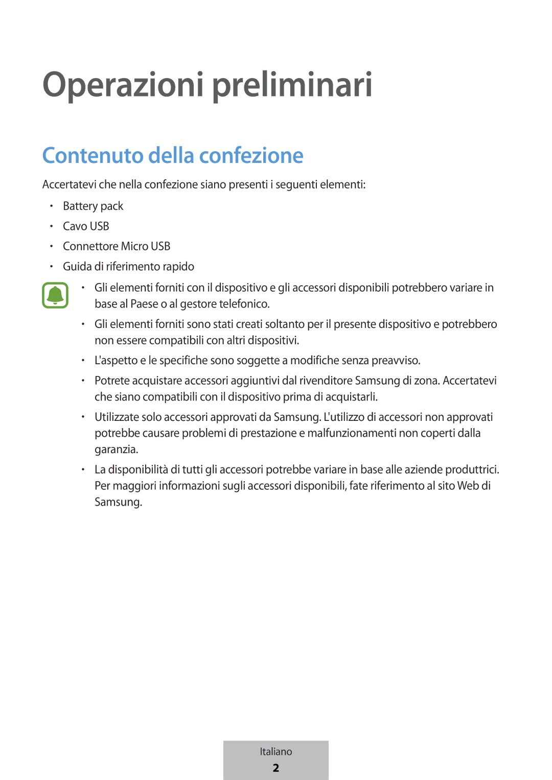 Samsung EB-PG950CNEGWW, EB-PG950CSEGWW, EB-PG950CNRGRU, EB-PG950CSRGRU Operazioni preliminari, Contenuto della confezione 