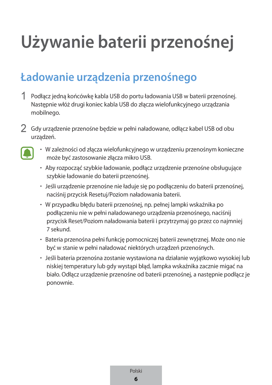 Samsung EB-PG950CNEGWW, EB-PG950CSEGWW, EB-PG950CNRGRU manual Używanie baterii przenośnej, Ładowanie urządzenia przenośnego 