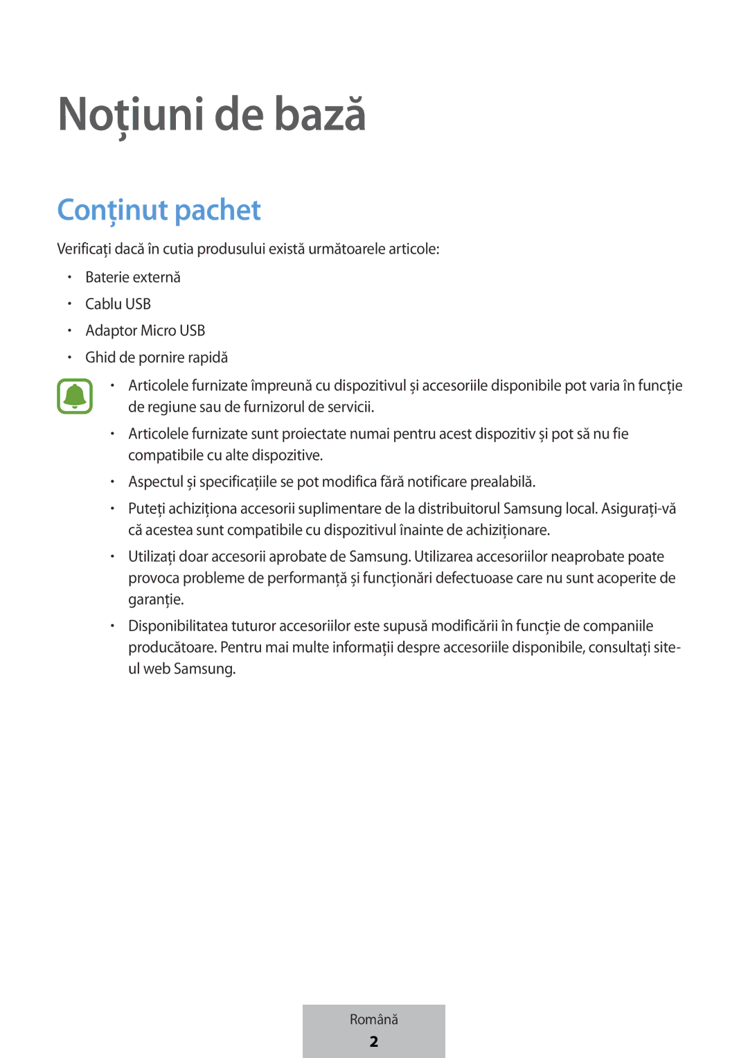 Samsung EB-PG950CNEGWW, EB-PG950CSEGWW, EB-PG950CNRGRU, EB-PG950CSRGRU manual Noțiuni de bază, Conţinut pachet 