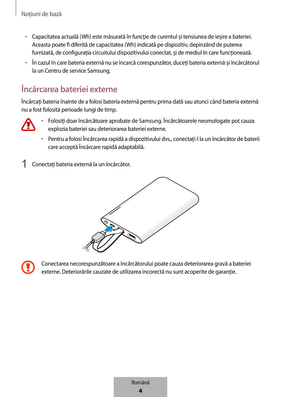 Samsung EB-PG950CNRGRU, EB-PG950CNEGWW Încărcarea bateriei externe, Explozia bateriei sau deteriorarea bateriei externe 