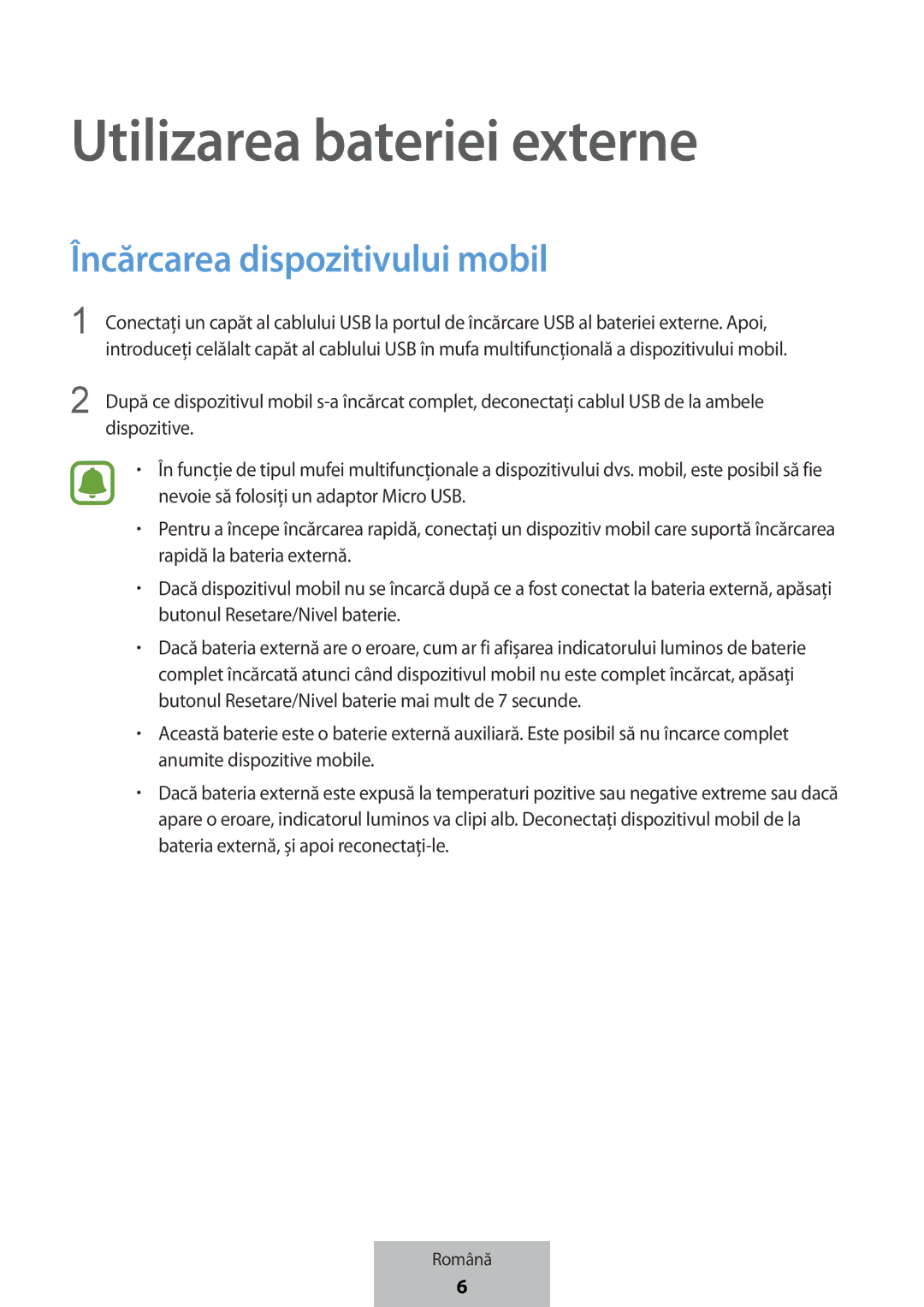 Samsung EB-PG950CNEGWW, EB-PG950CSEGWW, EB-PG950CNRGRU manual Utilizarea bateriei externe, Încărcarea dispozitivului mobil 