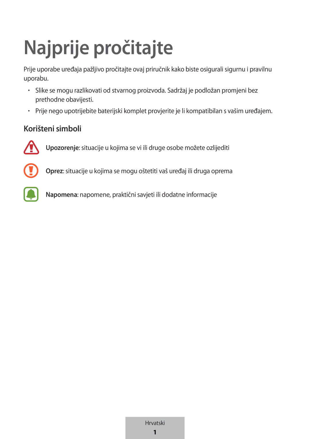 Samsung EB-PG950CSRGRU, EB-PG950CNEGWW, EB-PG950CSEGWW, EB-PG950CNRGRU manual Najprije pročitajte, Korišteni simboli 