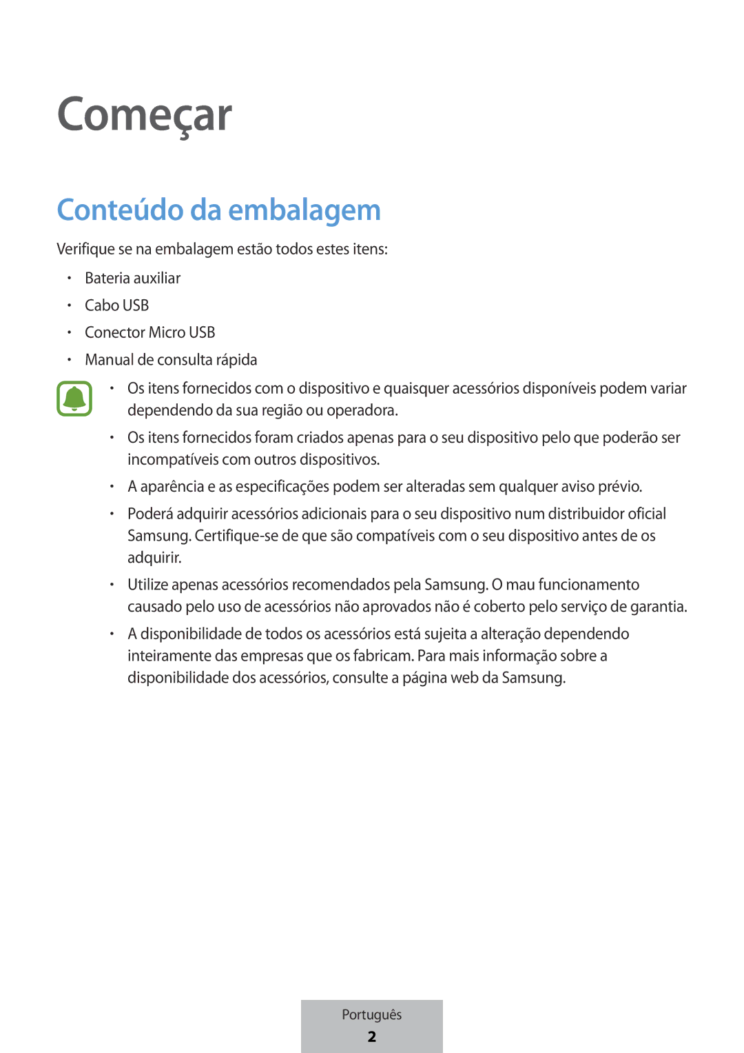 Samsung EB-PG950CNEGWW, EB-PG950CSEGWW, EB-PG950CNRGRU, EB-PG950CSRGRU manual Começar, Conteúdo da embalagem 