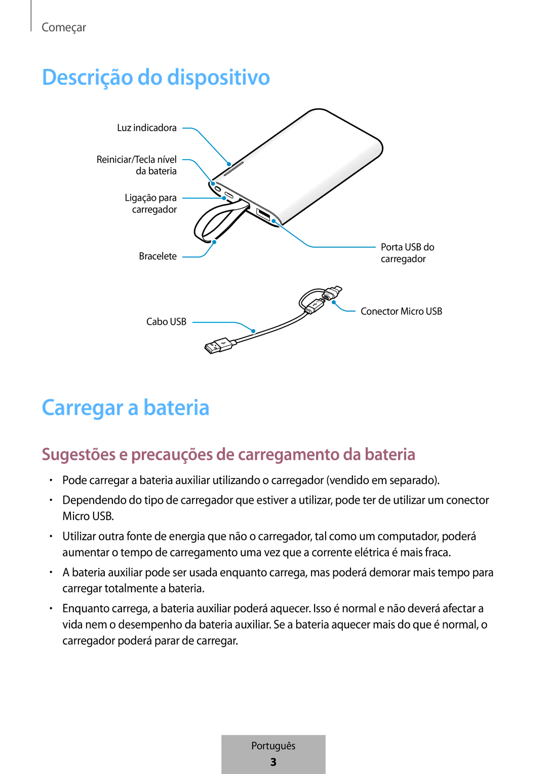 Samsung EB-PG950CSEGWW Descrição do dispositivo, Carregar a bateria, Sugestões e precauções de carregamento da bateria 