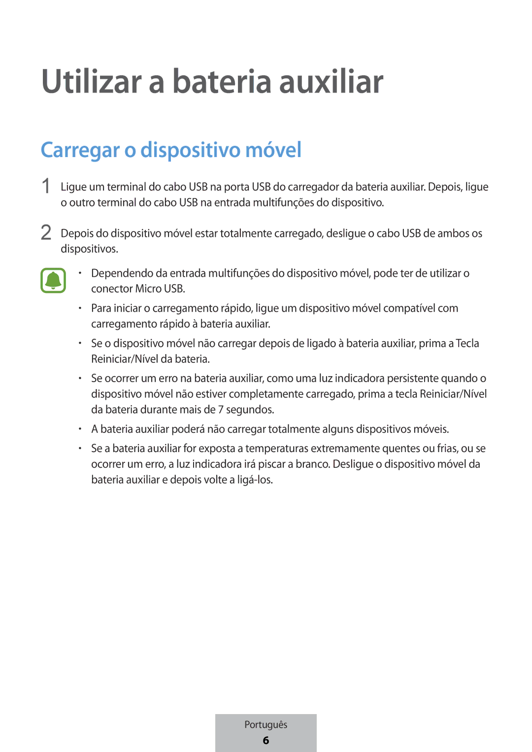 Samsung EB-PG950CNEGWW, EB-PG950CSEGWW, EB-PG950CNRGRU manual Utilizar a bateria auxiliar, Carregar o dispositivo móvel 