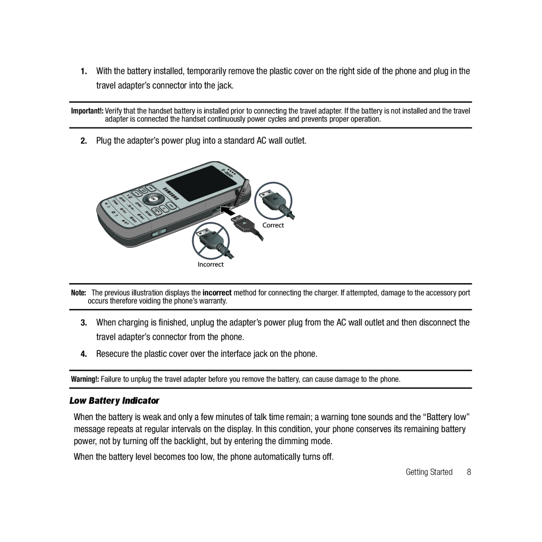 Samsung ebay_SAMSUNGSGHT459WHITETMOBILE, Gravity Series user manual Low Battery Indicator 