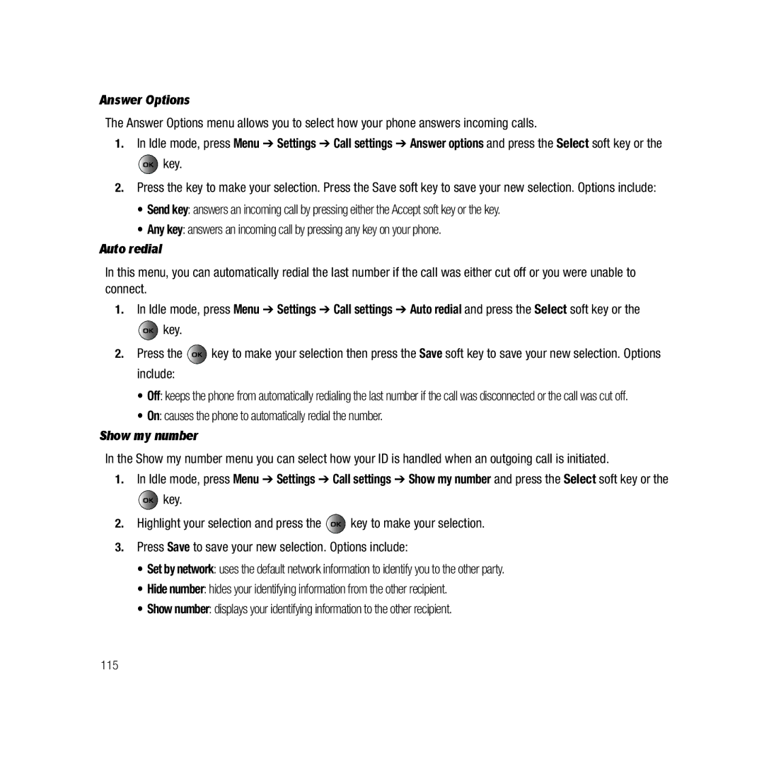 Samsung Gravity Series Answer Options, Auto redial, On causes the phone to automatically redial the number, Show my number 