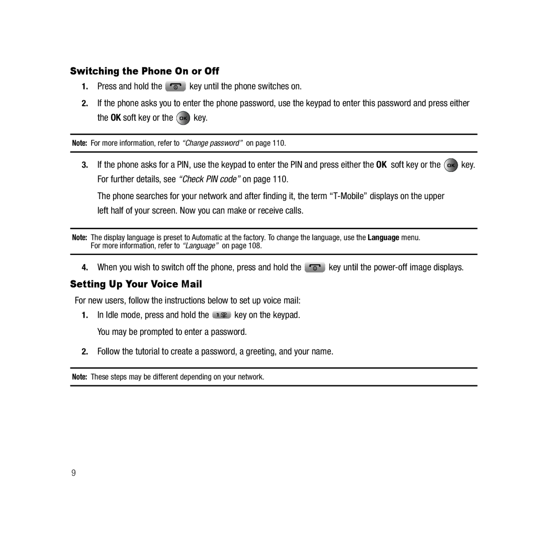 Samsung Gravity Series user manual Switching the Phone On or Off, Setting Up Your Voice Mail, Idle mode, press and hold 