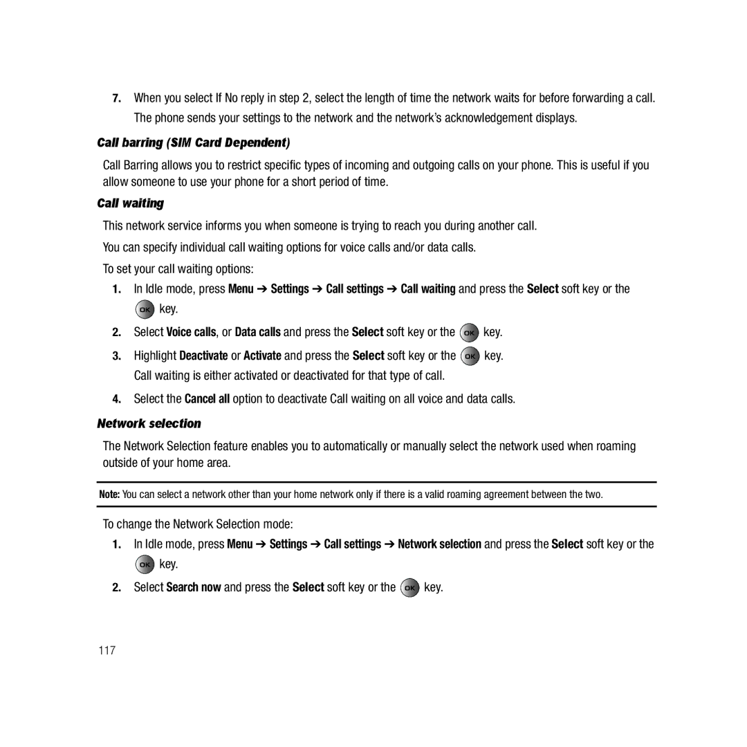 Samsung Gravity Series Call barring SIM Card Dependent, Call waiting, To set your call waiting options, Network selection 