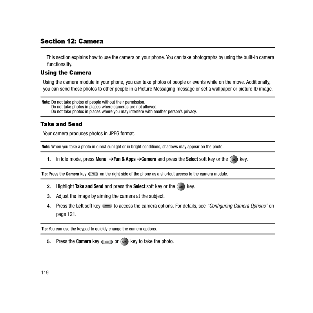 Samsung Gravity Series user manual Using the Camera, Take and Send, Your camera produces photos in Jpeg format 