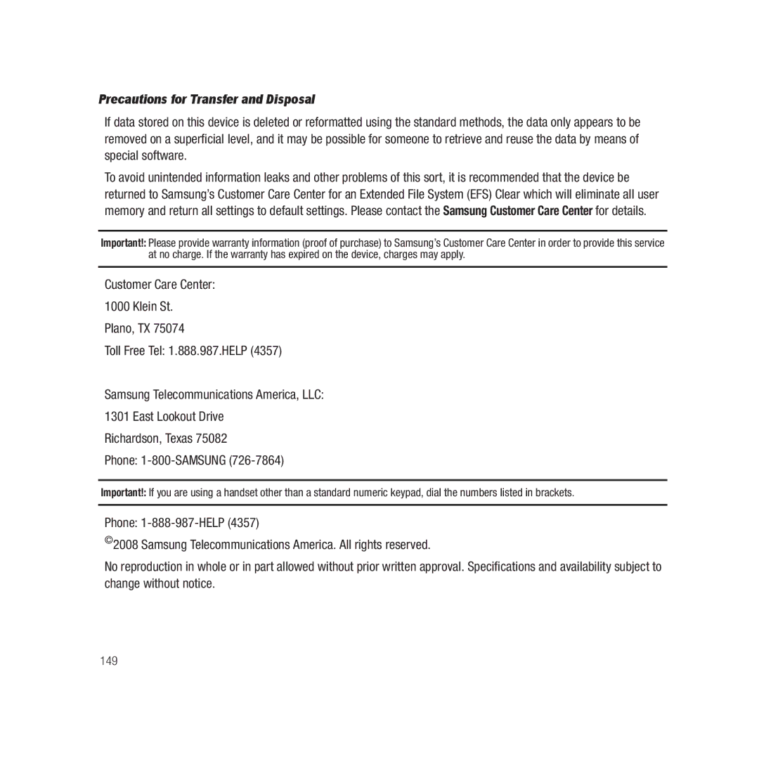 Samsung Gravity Series, ebay_SAMSUNGSGHT459WHITETMOBILE user manual Precautions for Transfer and Disposal 