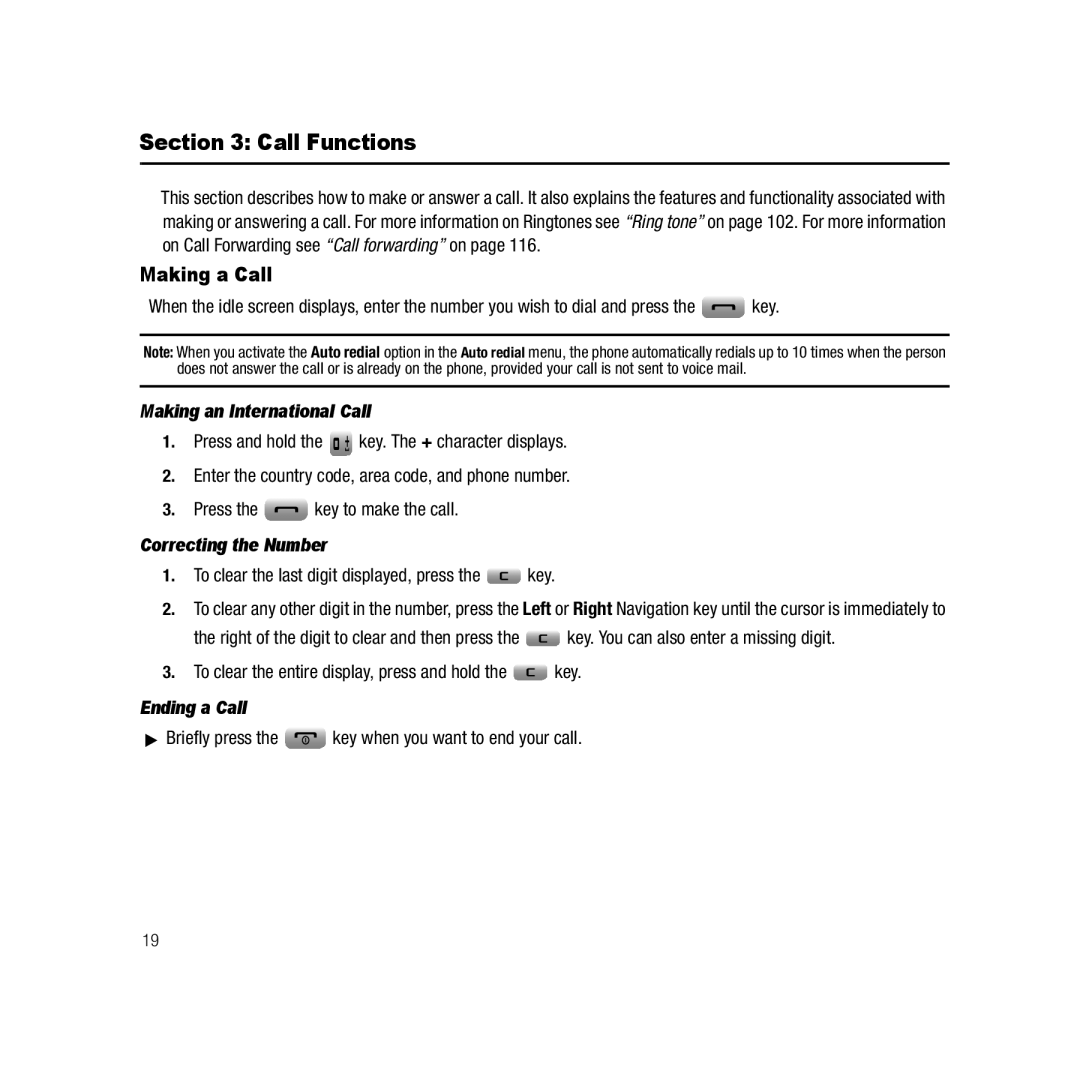 Samsung Gravity Series Call Functions, Making a Call, Making an International Call, Correcting the Number, Ending a Call 