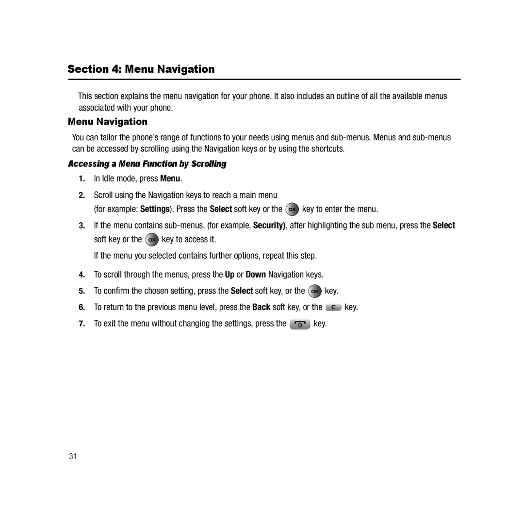 Samsung Gravity Series, ebay_SAMSUNGSGHT459WHITETMOBILE user manual Menu Navigation, Accessing a Menu Function by Scrolling 