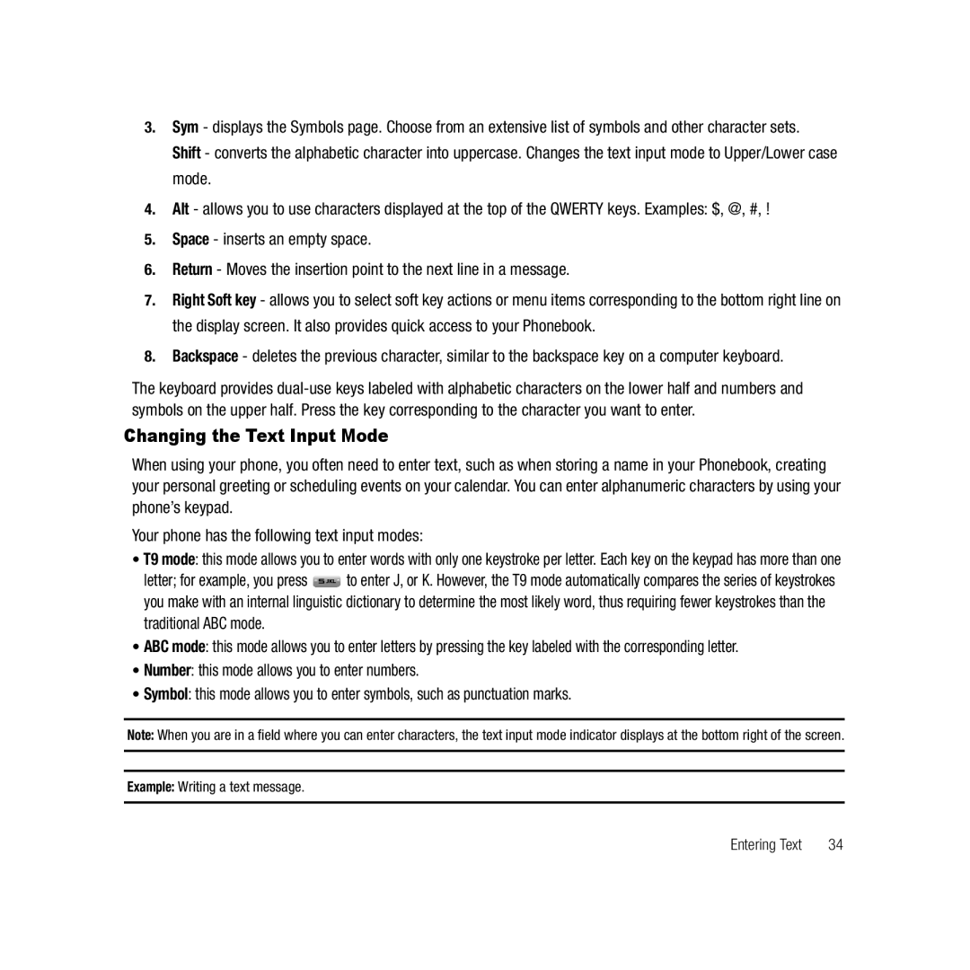 Samsung ebay_SAMSUNGSGHT459WHITETMOBILE, Gravity Series user manual Changing the Text Input Mode 