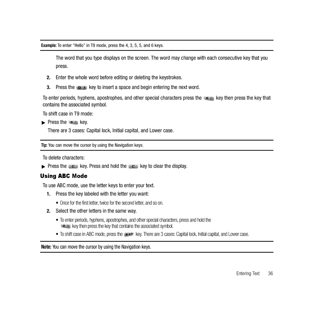 Samsung ebay_SAMSUNGSGHT459WHITETMOBILE, Gravity Series Using ABC Mode, To delete characters Press Key. Press and hold 