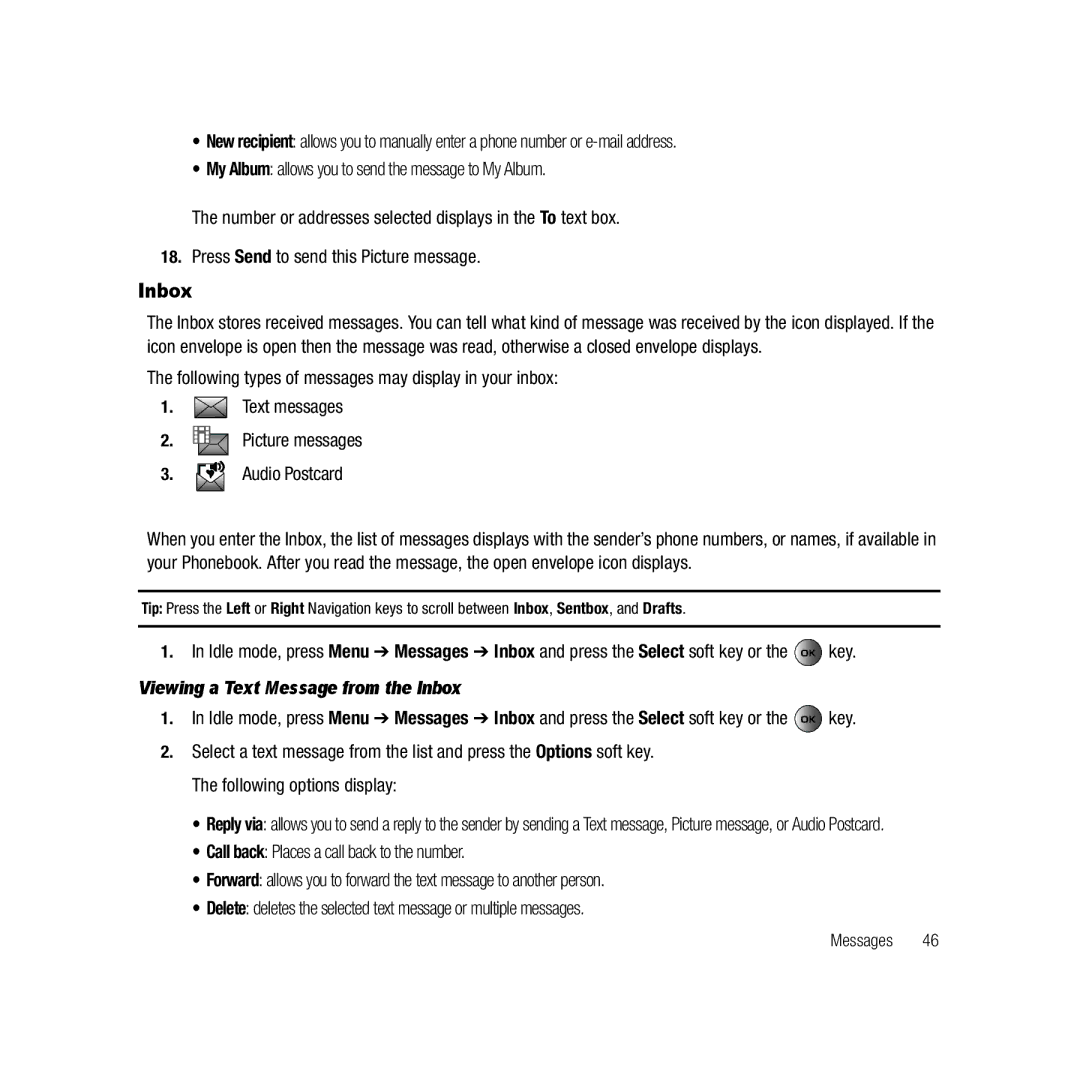 Samsung ebay_SAMSUNGSGHT459WHITETMOBILE, Gravity Series user manual Viewing a Text Message from the Inbox 