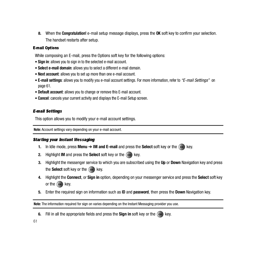 Samsung Gravity Series, ebay_SAMSUNGSGHT459WHITETMOBILE Mail Settings, Starting your Instant Messaging, Mail Options 