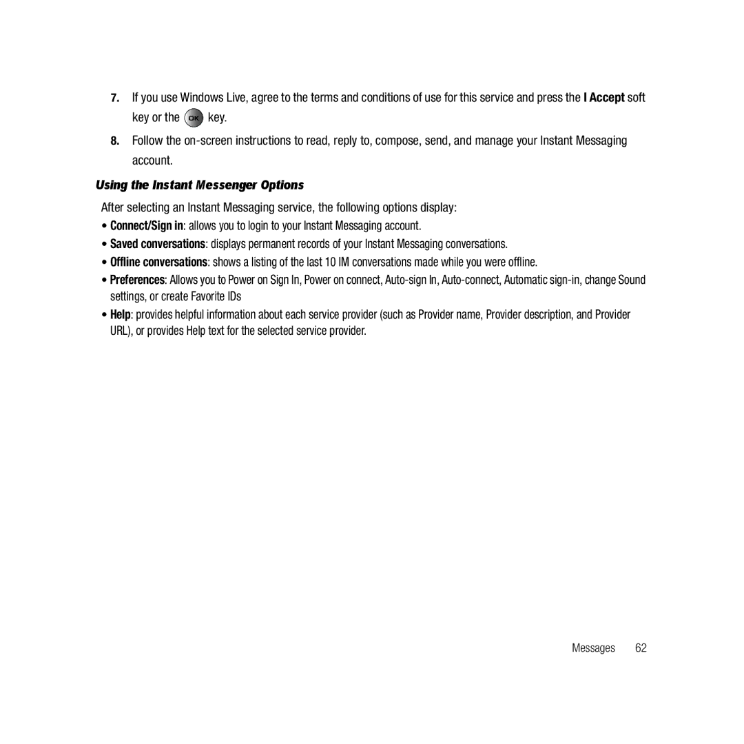 Samsung ebay_SAMSUNGSGHT459WHITETMOBILE, Gravity Series user manual Using the Instant Messenger Options 