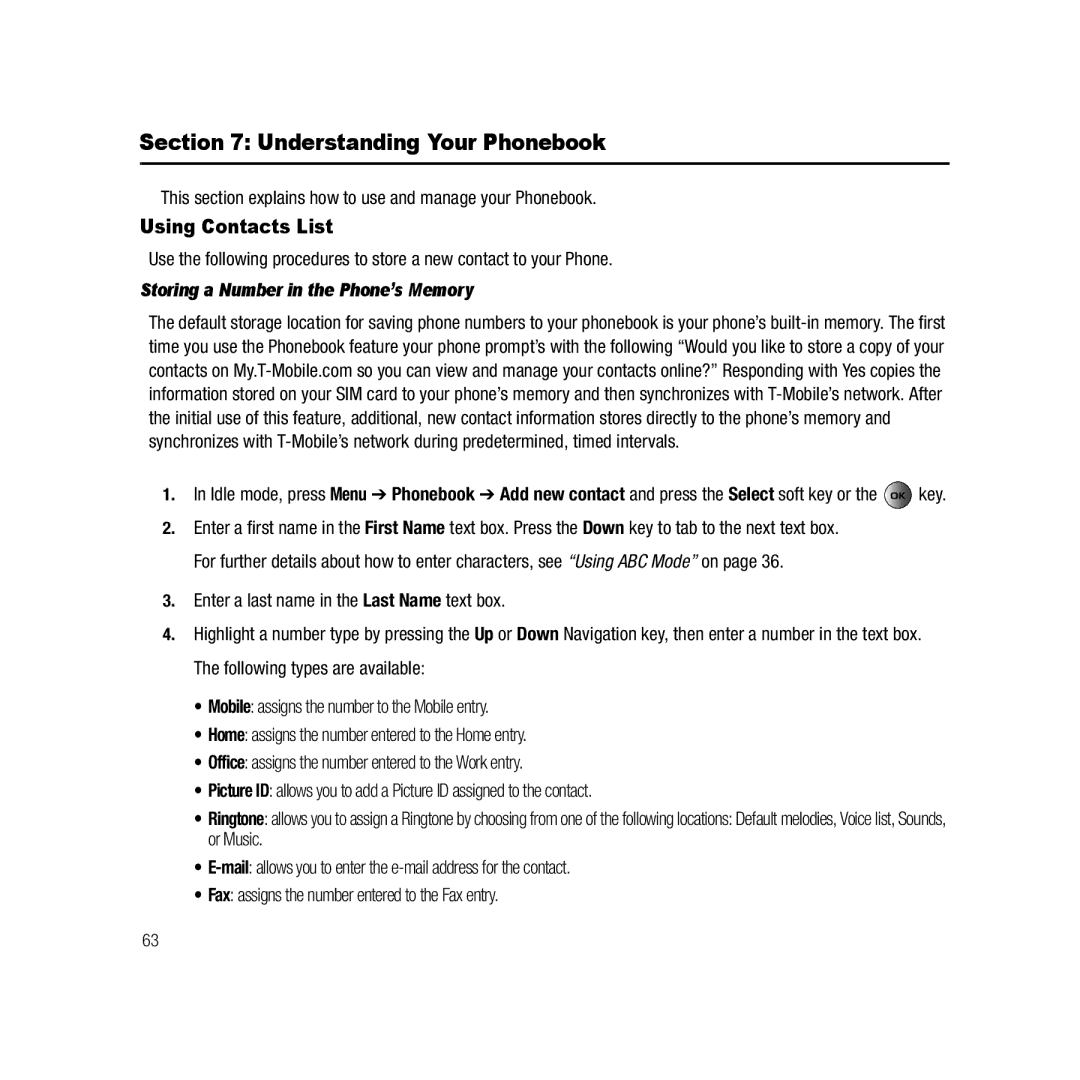 Samsung Gravity Series Understanding Your Phonebook, Using Contacts List, Storing a Number in the Phone’s Memory 