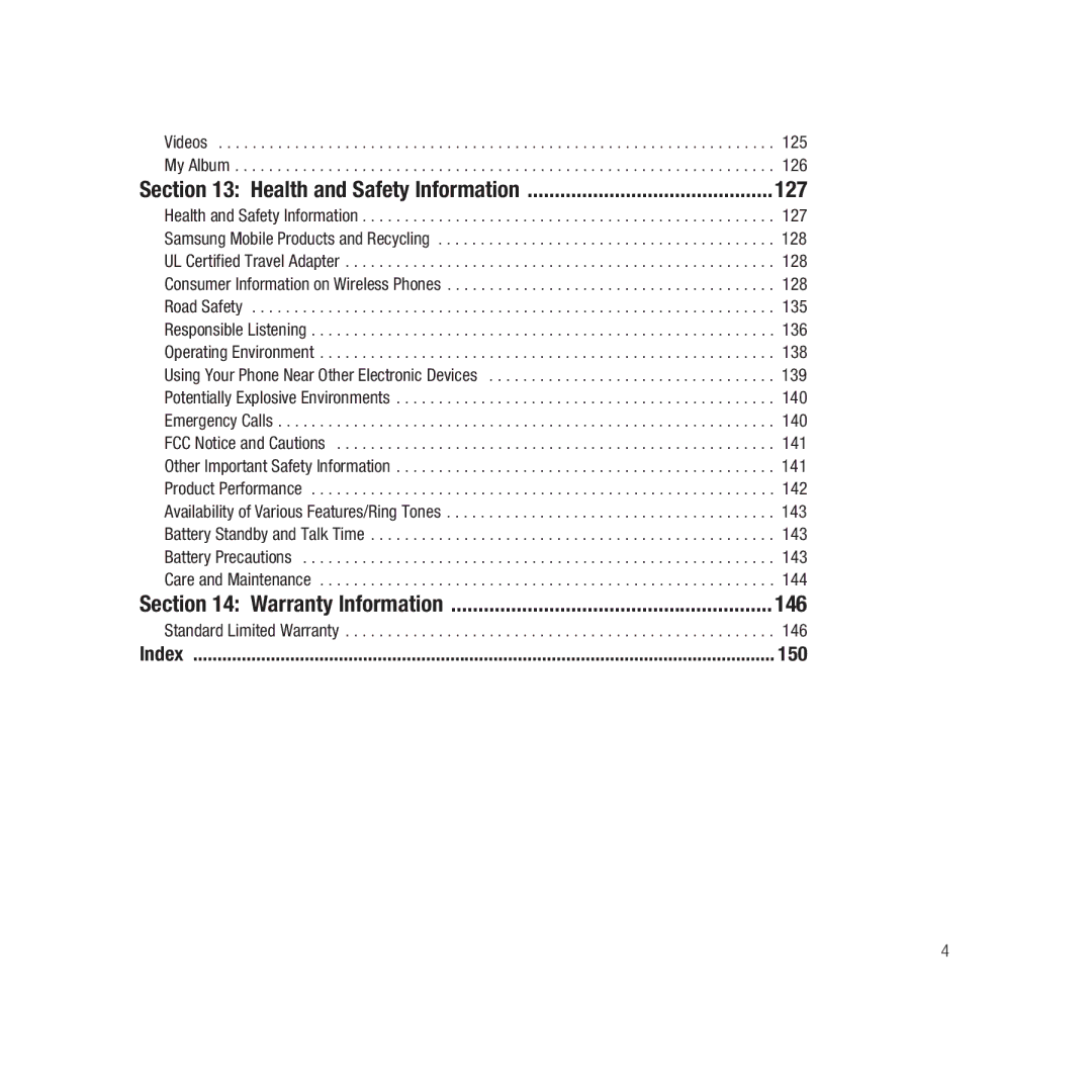 Samsung ebay_SAMSUNGSGHT459WHITETMOBILE, Gravity Series Health and Safety Information 127, Warranty Information 146, 150 