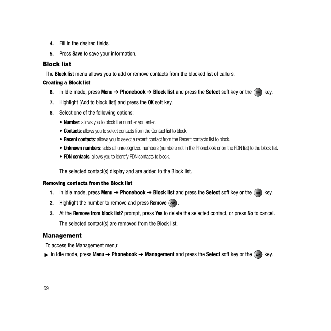 Samsung Gravity Series Block list, Highlight the number to remove and press Remove, To access the Management menu 